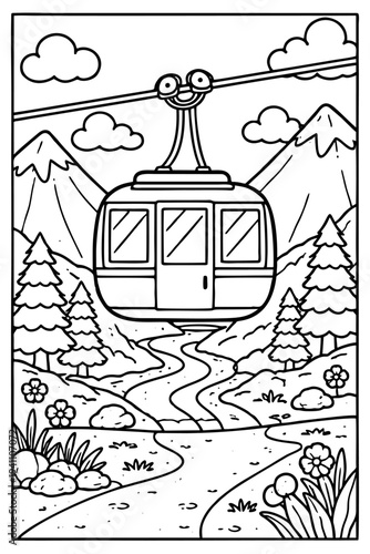 Aerial ropeway cabin transportation moving across scenic mountain valley landscape with flowing river clip on white background. on white background