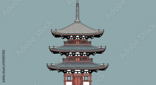 Japanese Pagoda Architecture Illustration, Traditional East Asian Temple Building
