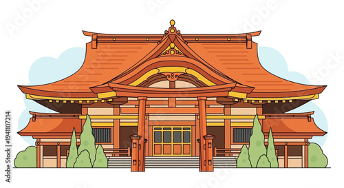 Traditional Japanese Shrine with Torii Gate and Lush Greenery