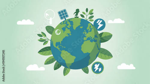 Earth with green leaves and eco friendly symbols around it representing environmental conservation and sustainability