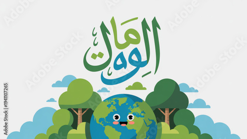 Cartoon earth with smiling face surrounded by trees and clouds arabic calligraphy eco friendly concept green environment
