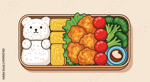 Cute Bear Bento Box Lunch: Rice, Fried Chicken, Tamagoyaki, Cherry Tomatoes, Broccoli