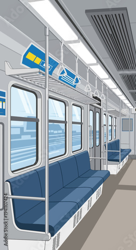 Empty Subway Train Interior with Blue Seats and Windows