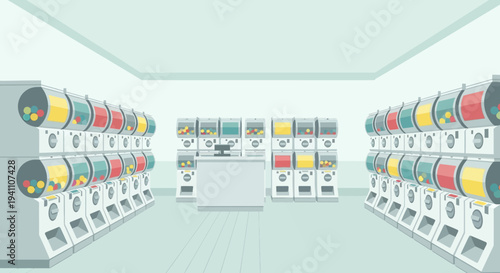Gachapon Machine Store Interior with Rows of Capsule Toy Dispensers