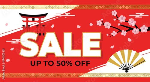 Japanese Sale Banner with Torii Gate, Cherry Blossoms and Fan - Up to 50% Off