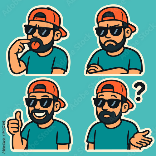Cool Cartoon Street Character Stickers Set Showing Four Emotions and Gestures With Backwards Cap