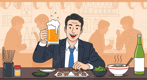 Man enjoys beer and Japanese food at izakaya, celebrating after work