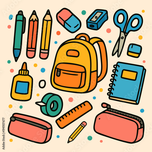 Colorful Hand-Drawn School Supplies Collection