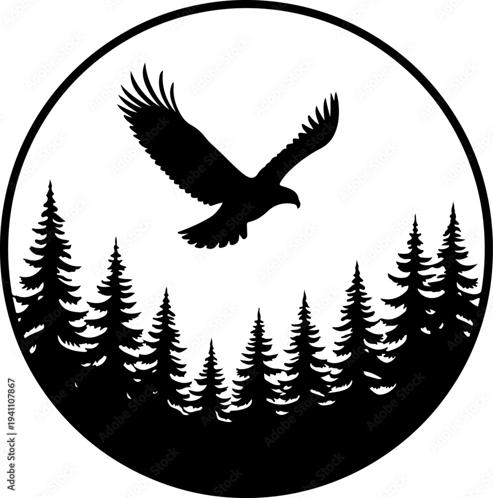 Fototapeta premium Vector bald eagle soars over forest trees circle silhouette illustration