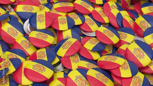 Collection of round pin badges featuring the national flag of Andorra country