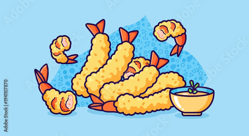 Crispy Shrimp Tempura Platter with Dipping Sauce, Japanese Food Illustration