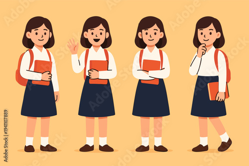 Set of four cartoon illustrations of a student girl with backpack and book showing different gestures—standing, waving hello, arms crossed confidently, and thinking pose—isolated on beige background.