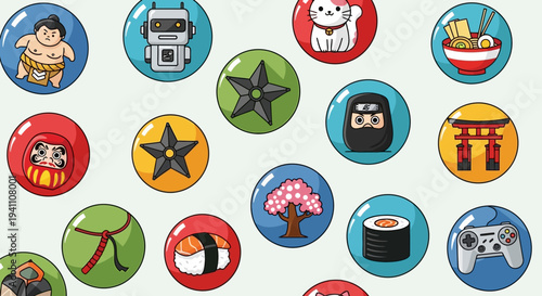 Japan Culture Icons: Sushi, Ninja, Robot, Sumo, Daruma, Torii Gate, Ramen