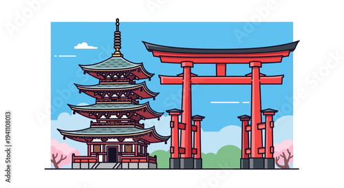 Japanese Pagoda and Torii Gate with Cherry Blossoms