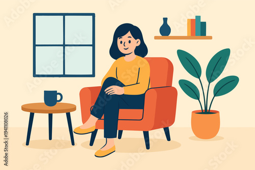 Flat style illustration of a woman relaxing in a cozy living room, sitting in an armchair beside a table with a coffee mug, window, shelf, and houseplant, creating a calm home interior scene.