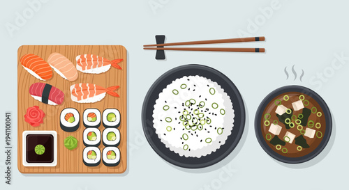Japanese Food Platter: Sushi, Rice, and Miso Soup with Chopsticks