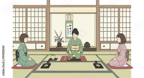 Japanese Tea Ceremony: Two Women in Kimonos Participate in a Traditional Matcha Ritual