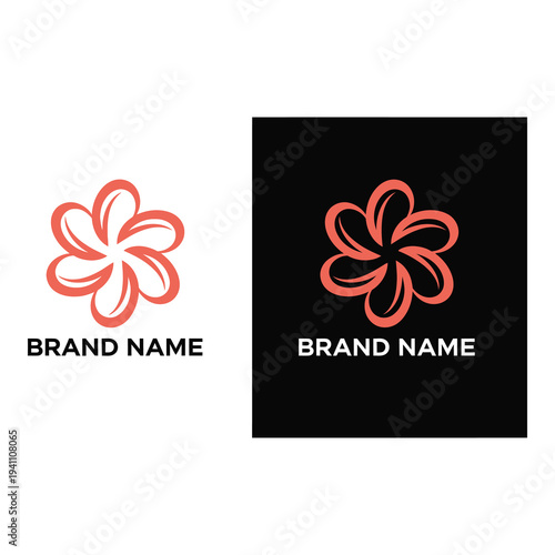 Red flower logo with brand name text on white and black backgrounds icon