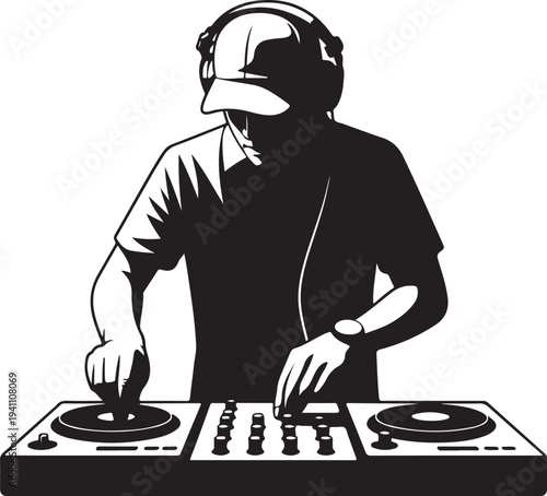 Silhouette of DJ mixing music on turntables. Clipart image isolated on background.
