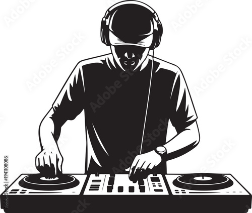 Silhouette of DJ mixing music on turntables. Clipart image isolated on background.