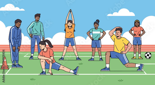 Diverse group of people stretching and exercising on a sports field