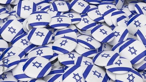 Pile of round badges with the blue and white national flag of the State of Israel