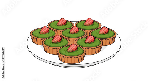Green Matcha Tartlets with Fresh Strawberries on a White Plate
