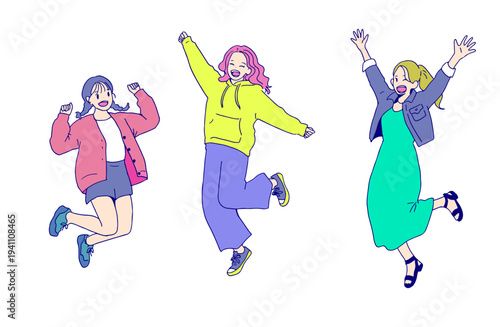 カラフルな服でジャンプする若い女性3人組のイラスト　友情と喜び　手書きベクター素材