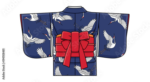 Japanese Kimono with Cranes and Red Obi