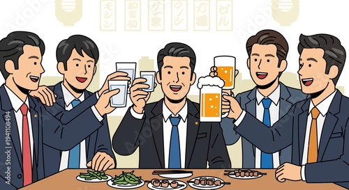 Japanese businessmen toasting with drinks at a restaurant, celebrating success