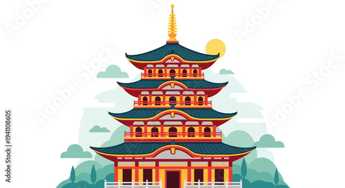 Traditional Japanese Pagoda Temple with Sun and Clouds Illustration