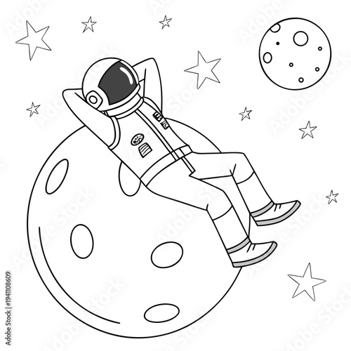 Astronaut reclines with hands behind head on large round moon, stars and planets in background, relaxed cosmic journey, whimsical space exploration, artistic concept of celestial peace and solitude