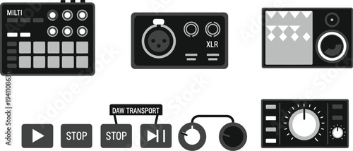 Collection of black and white audio production hardware icons includes a multitrack controller, XLR input, and digital transport buttons.