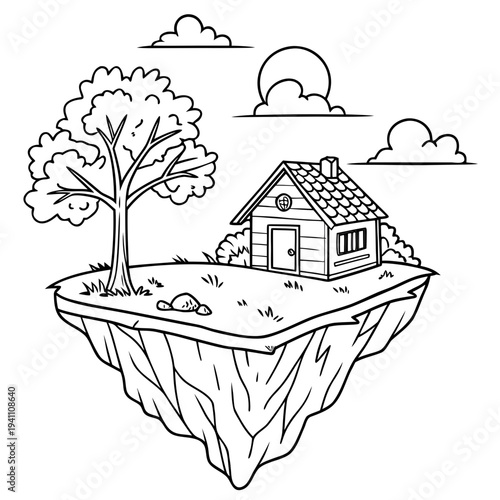 Whimsical floating island with a cozy house and a large tree, idyllic scene for creative projects and decor
