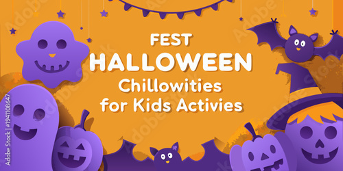 Festive halloween illustration featuring ghosts bats and pumpkins for kids