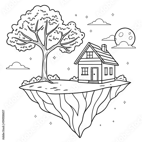 Fantasy floating island with small house and large tree under a moonlit sky, whimsical scenery for children's books
