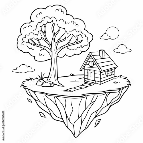 Cartoon floating island with house and tree, whimsical landscape illustration, fantasy adventure, creative imagination, whimsical world, detailed linework