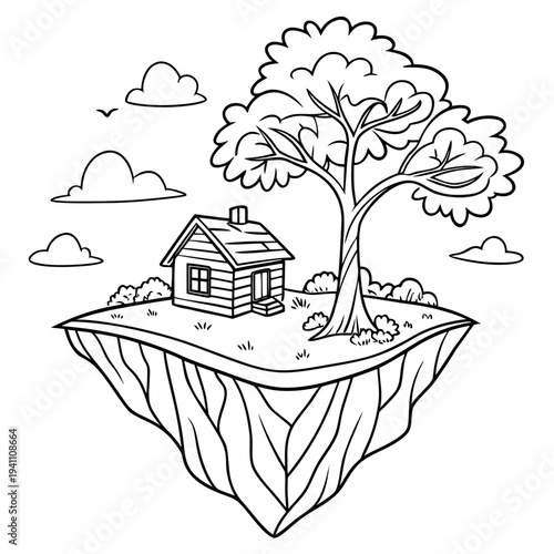 Charming cartoon floating island featuring small house, lush tree, and fluffy clouds, whimsical fantasy landscape, creative illustration, idyllic scene