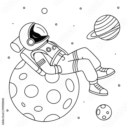 Astronaut resting on a moon with planet and stars, cosmic scene for children's books and educational materials