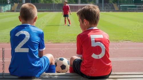 Young boys in soccer jerseys sitting on bleachers with ball