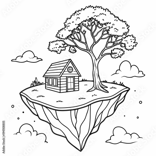 Magical island floating in air with small wooden house and leafy tree surrounded by fluffy clouds for creative coloring page background illustration