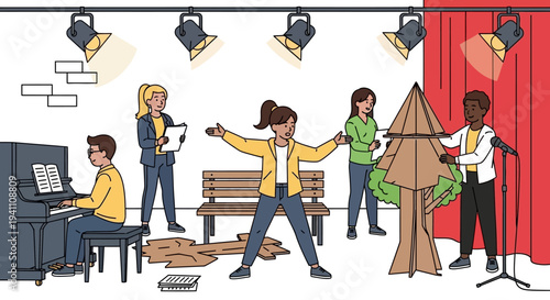 Children rehearsing a school play on stage with piano and props