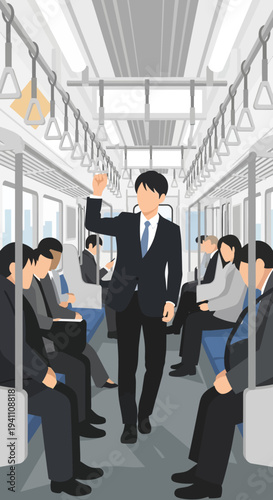 Businessman commuting on crowded train, holding handrail, diverse passengers seated