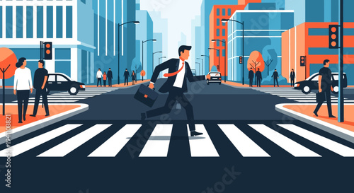 Businessman running across city street on crosswalk, busy urban commute, modern cityscape background