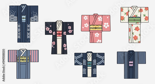 Collection of Traditional Japanese Kimonos and Yukatas with Various Patterns