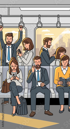 Commuters on a busy subway train during rush hour, diverse people using phones and reading.