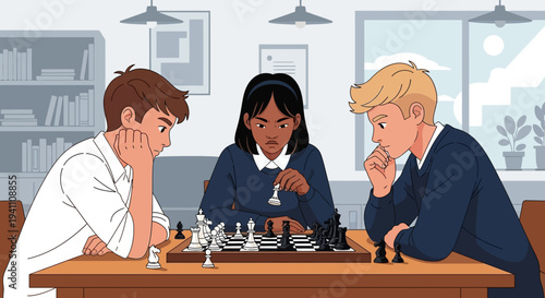 Diverse teenagers playing chess in a classroom, focusing on strategy and competition