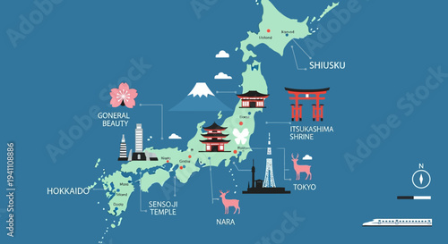 Illustrated Map of Japan with Famous Landmarks, Culture, and Nature