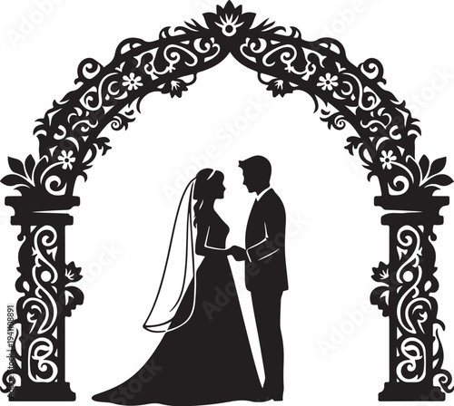 Romantic Wedding Couple Silhouette Under Floral Archway at Night