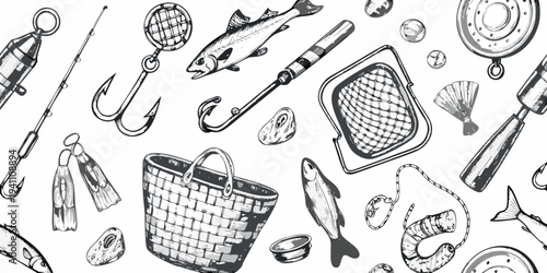Vintage style illustration of fishing equipment and marine life